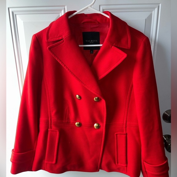 Talbots Red Wool Pea Coat Size 12 p  Gold Buttons Double Breasted Vintage Jacket - Picture 1 of 6